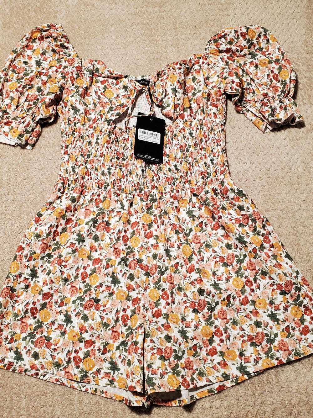 PrettyLittleThing Floral Puff-Sleeve Smocked Romper - White with Mustard & Rust
